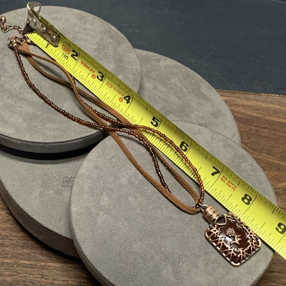 Vintage Beaded & Leather 14” Necklace With Floral Bottle Pendant, Copper Tones - Picture 6 of 6